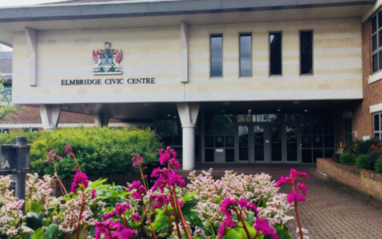 Elmbridge civic centre exterior with flowers